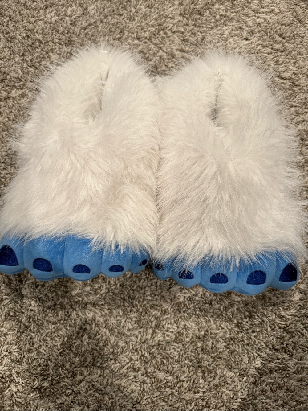 Old Navy White Faux Fur Monster Slippers with Blue Toes
